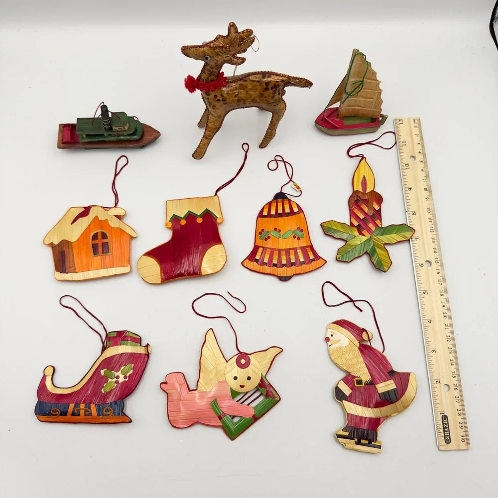 Vintage Straw Wood‎ Christmas Ornaments Set 10 Reindeer Santa Angel Folk Art